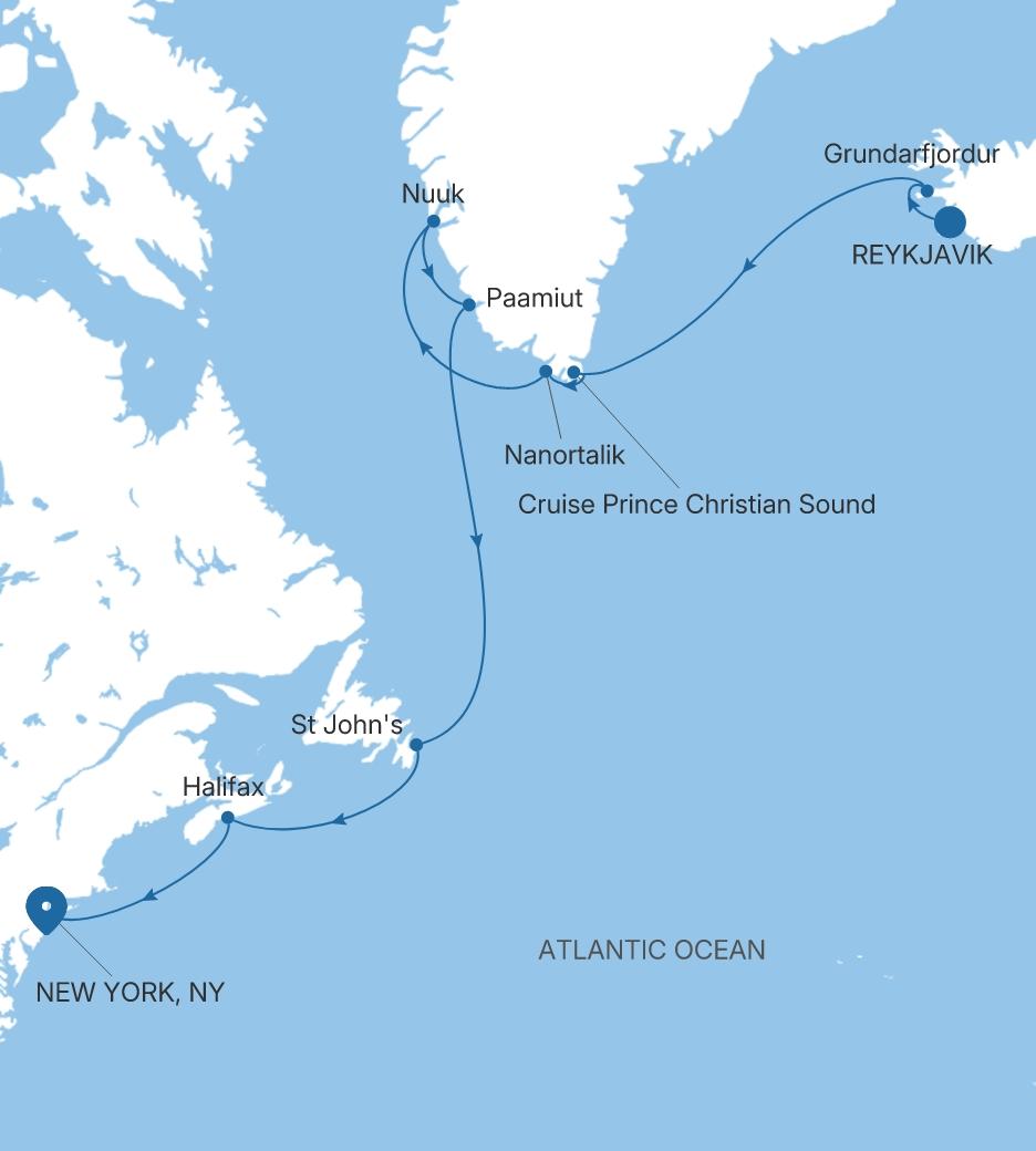 Carte de l’itinéraire Silver Spirit, Reykjavík → New York, NY