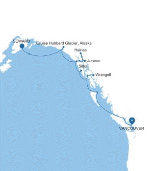Carte de l’itinéraire Silver Whisper, Seward (Anchorage, Alaska) → Vancouver