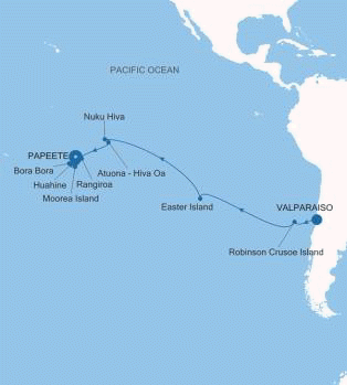 Carte de l’itinéraire Silver Whisper, Valparaiso → Papeete (Tahiti)