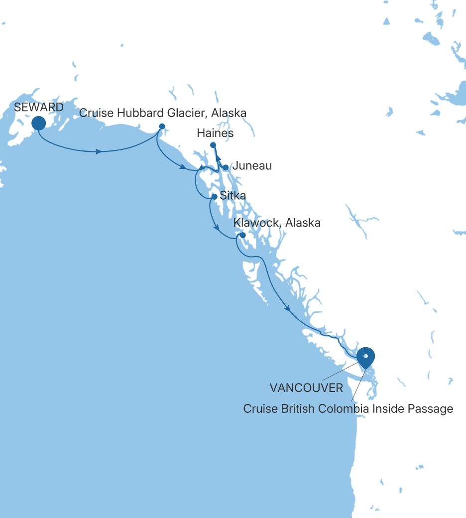 Carte de l’itinéraire Silver Whisper, Seward (Anchorage, Alaska) → Vancouver
