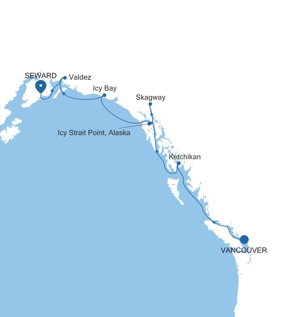 Carte de l’itinéraire Silver Whisper, Vancouver → Seward (Anchorage, Alaska)