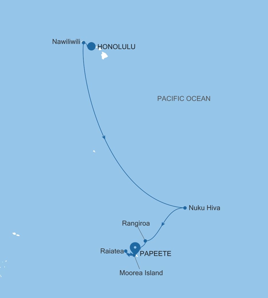 Carte de l’itinéraire Silver Whisper, Honolulu, Oahu → Papeete (Tahiti)