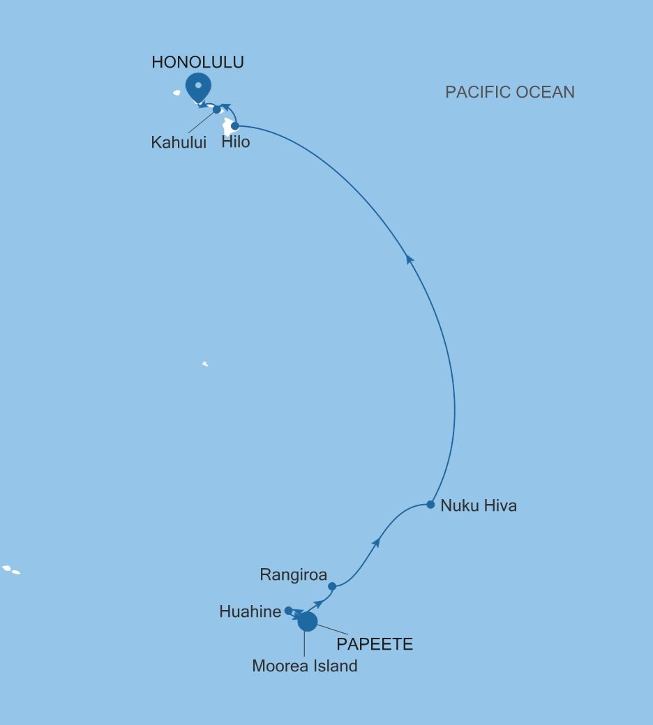 Carte de l’itinéraire Silver Whisper, Papeete (Tahiti) → Honolulu, Oahu