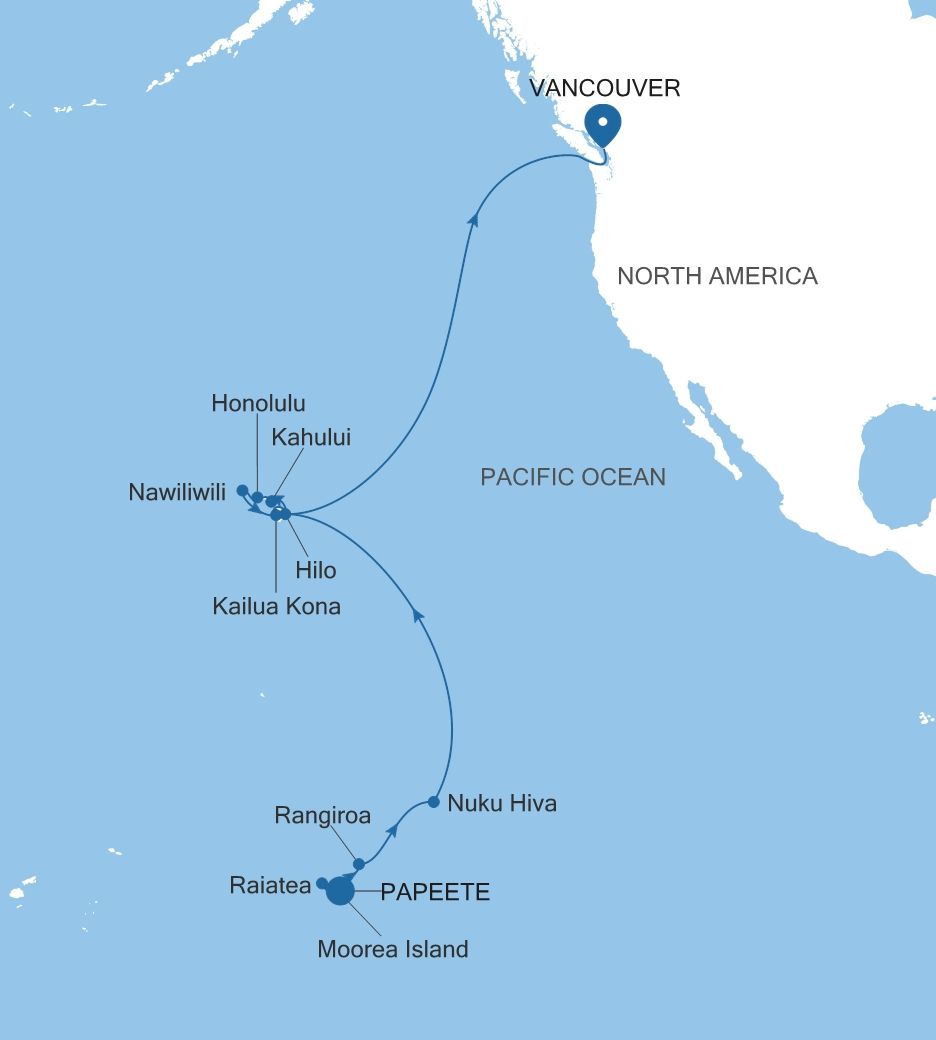 Carte de l’itinéraire Silver Whisper, Papeete (Tahiti) → Vancouver