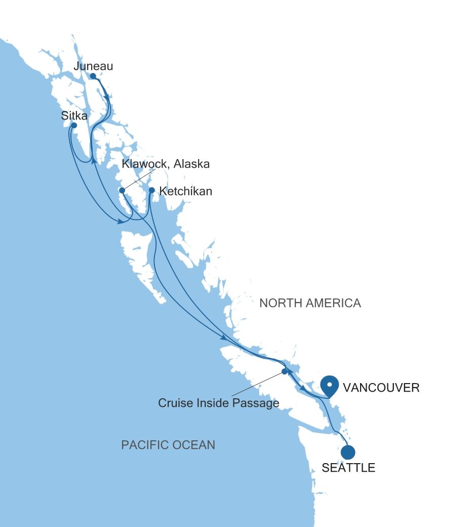 Carte de l’itinéraire Silver Whisper, Seattle (Washington) → Vancouver
