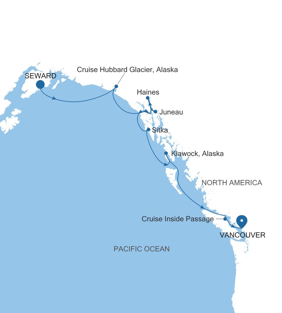 Carte de l’itinéraire Silver Whisper, Seward (Anchorage, Alaska) → Vancouver