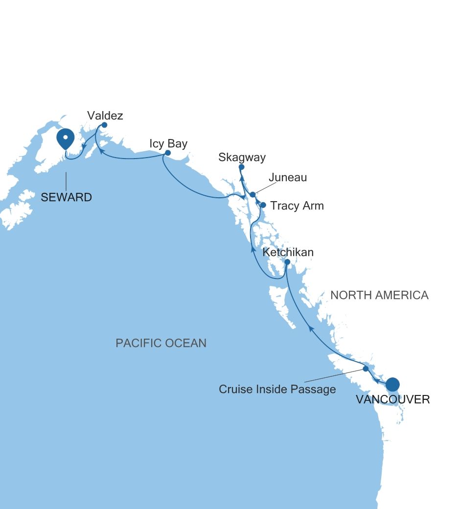 Carte de l’itinéraire Silver Whisper, Vancouver → Seward (Anchorage, Alaska)