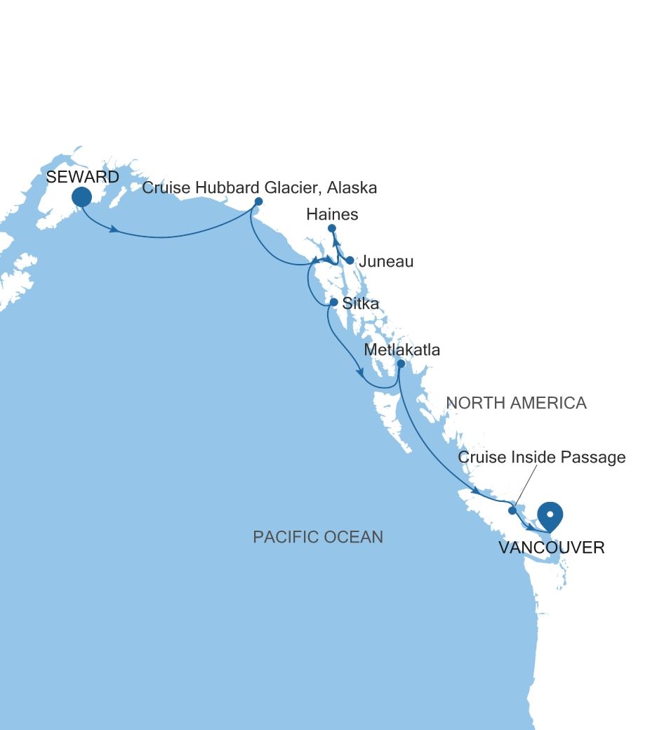 Carte de l’itinéraire Silver Whisper, Seward (Anchorage, Alaska) → Vancouver