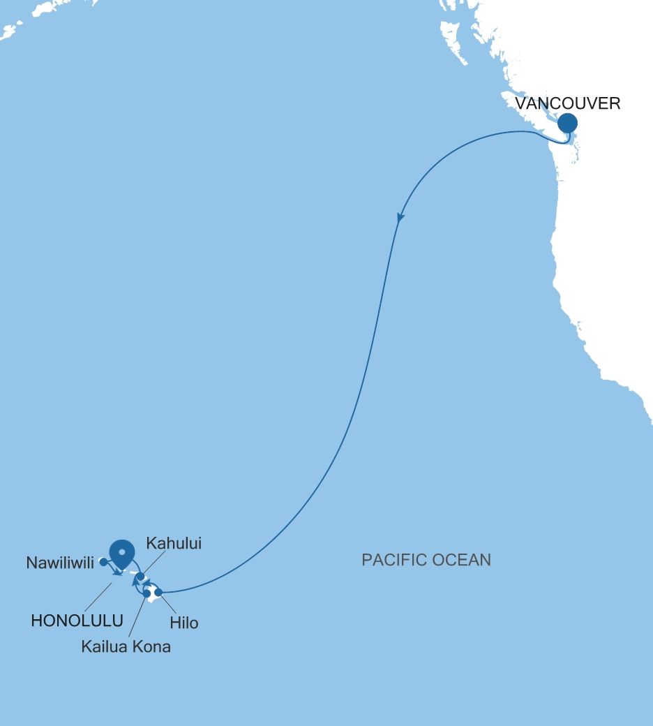 Carte de l’itinéraire Silver Whisper, Vancouver → Honolulu, Oahu