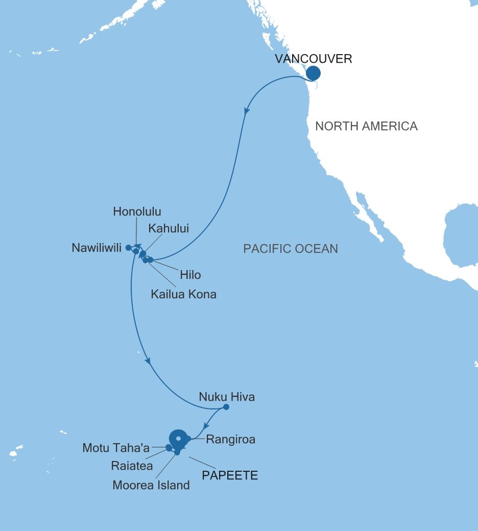 Carte de l’itinéraire Silver Whisper, Vancouver → Papeete (Tahiti)