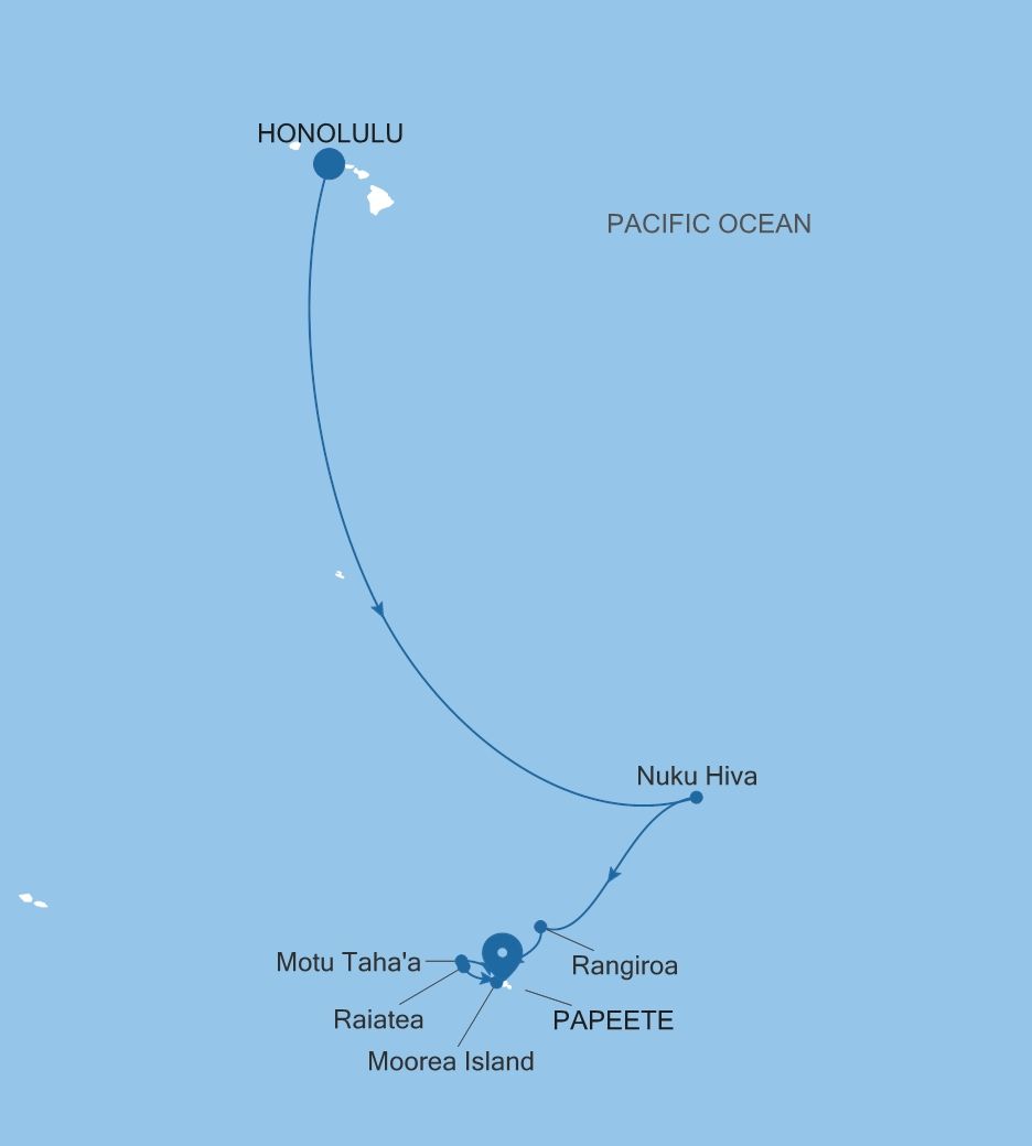 Carte de l’itinéraire Silver Whisper, Honolulu, Oahu → Papeete (Tahiti)