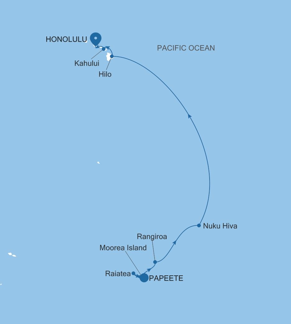 Carte de l’itinéraire Silver Whisper, Papeete (Tahiti) → Honolulu, Oahu