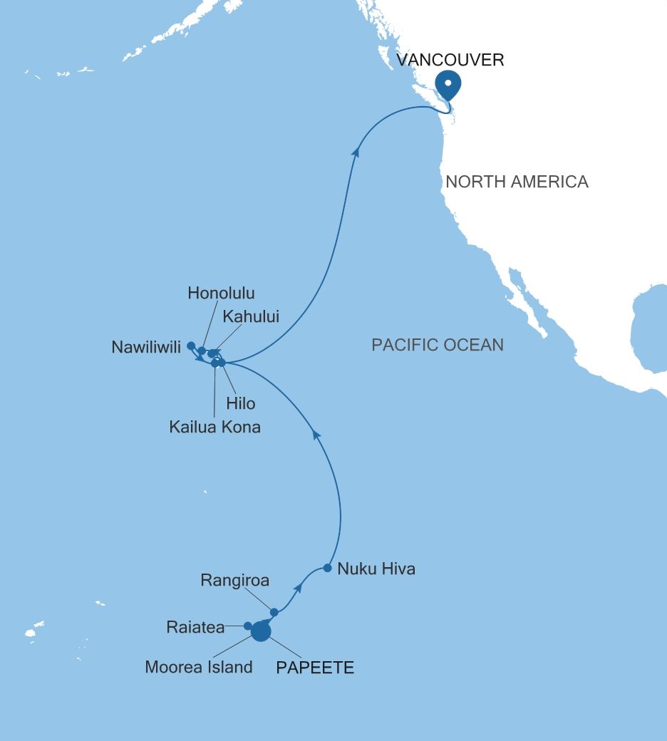 Carte de l’itinéraire Silver Whisper, Papeete (Tahiti) → Vancouver