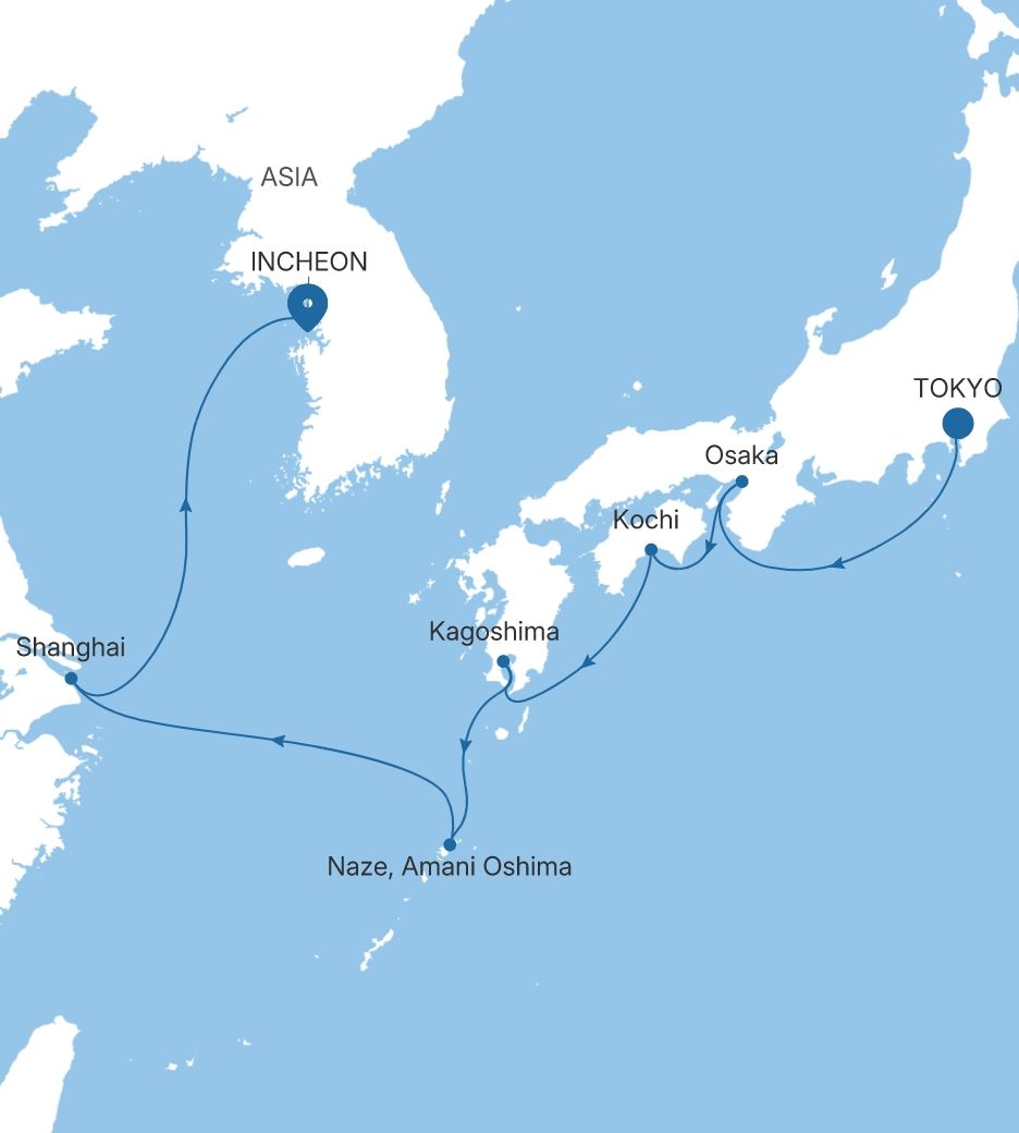 Carte de l’itinéraire Silver Whisper, Tokyo → Incheon (Seoul)