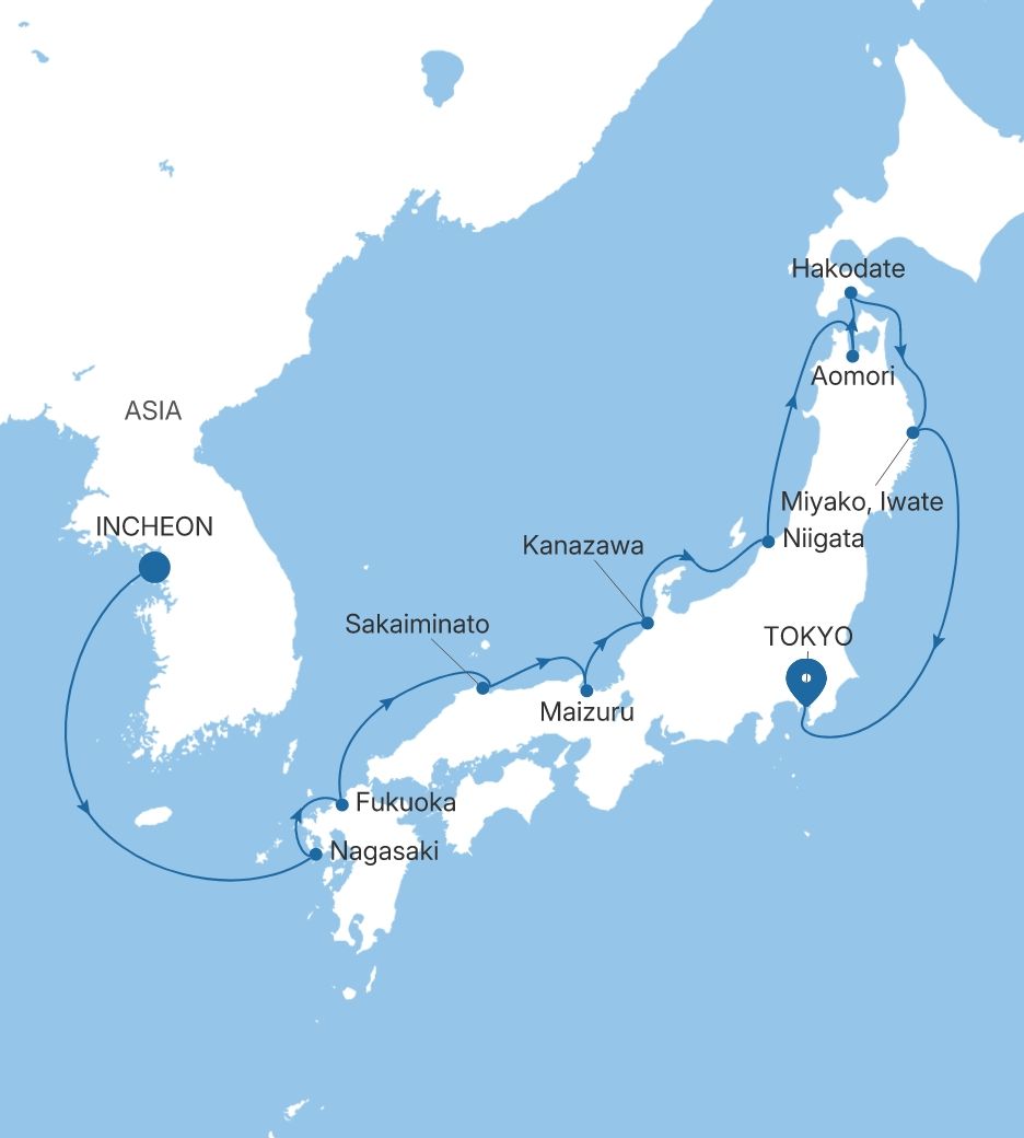 Carte de l’itinéraire Silver Whisper, Incheon (Seoul) → Tokyo
