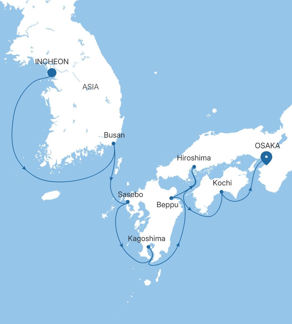 Carte de l’itinéraire Silver Whisper, Incheon (Seoul) → Osaka
