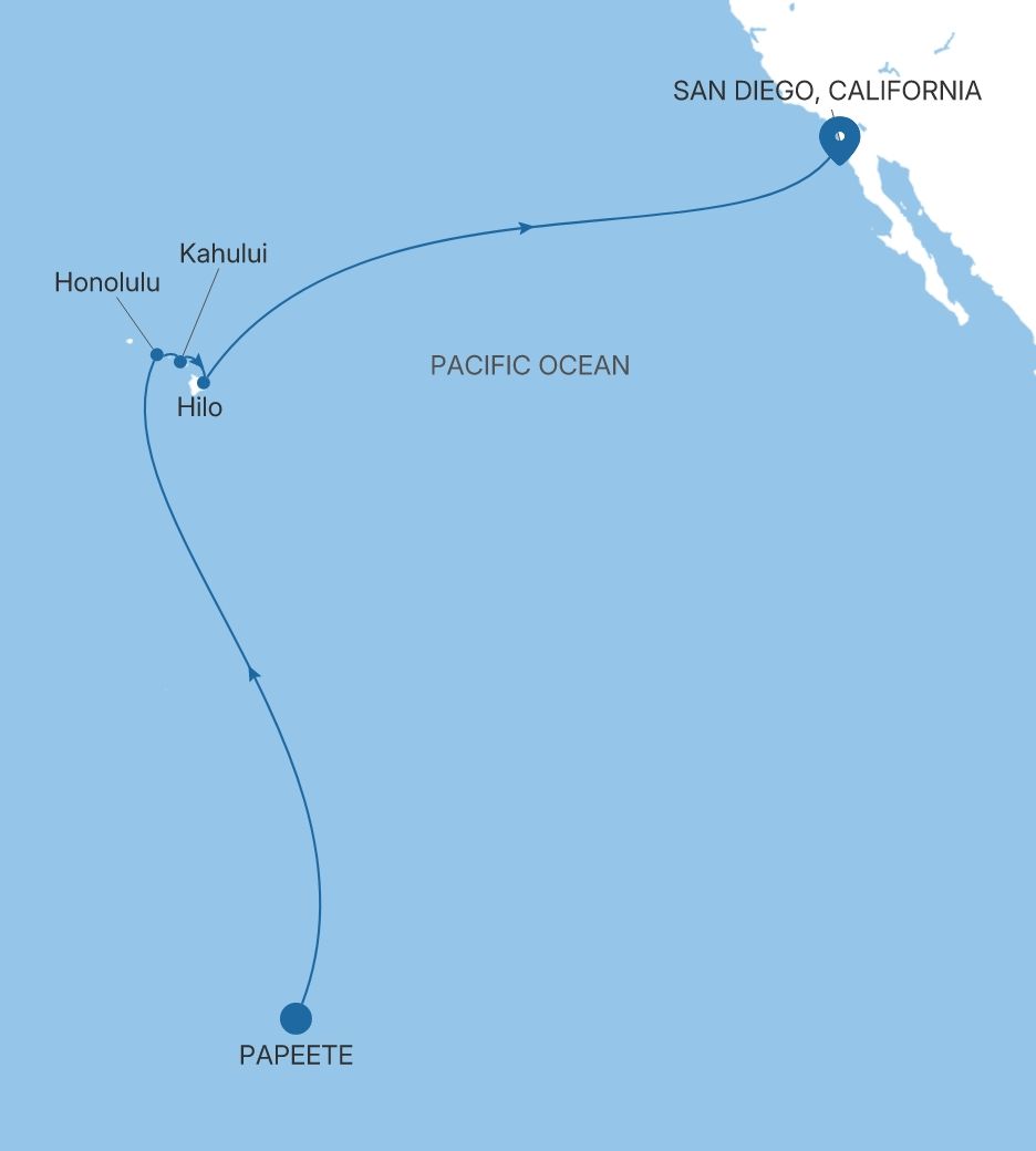 Carte de l’itinéraire Silver Whisper, Papeete (Tahiti) → San Diego, California