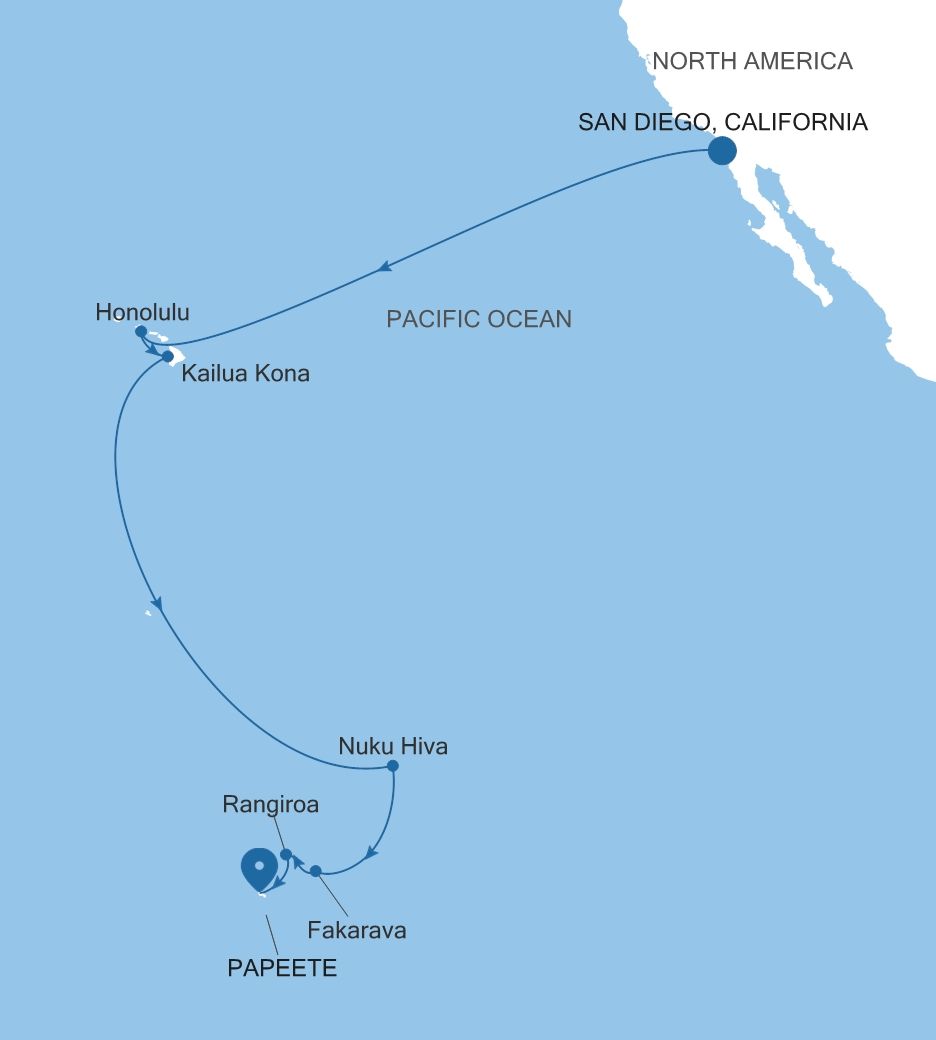 Carte de l’itinéraire Silver Whisper, San Diego, California → Papeete (Tahiti)