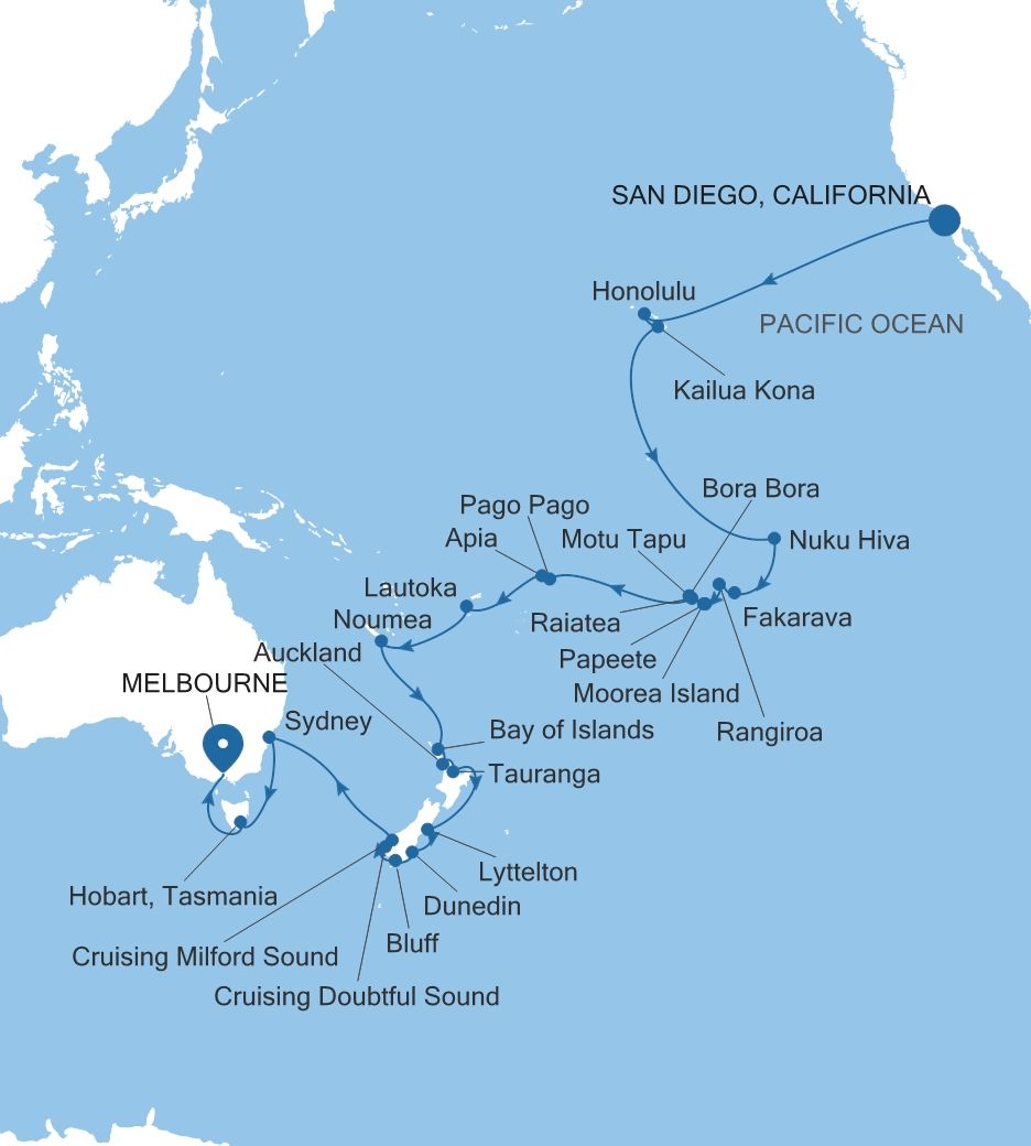 Carte de l’itinéraire Silver Whisper, San Diego, California → Melbourne