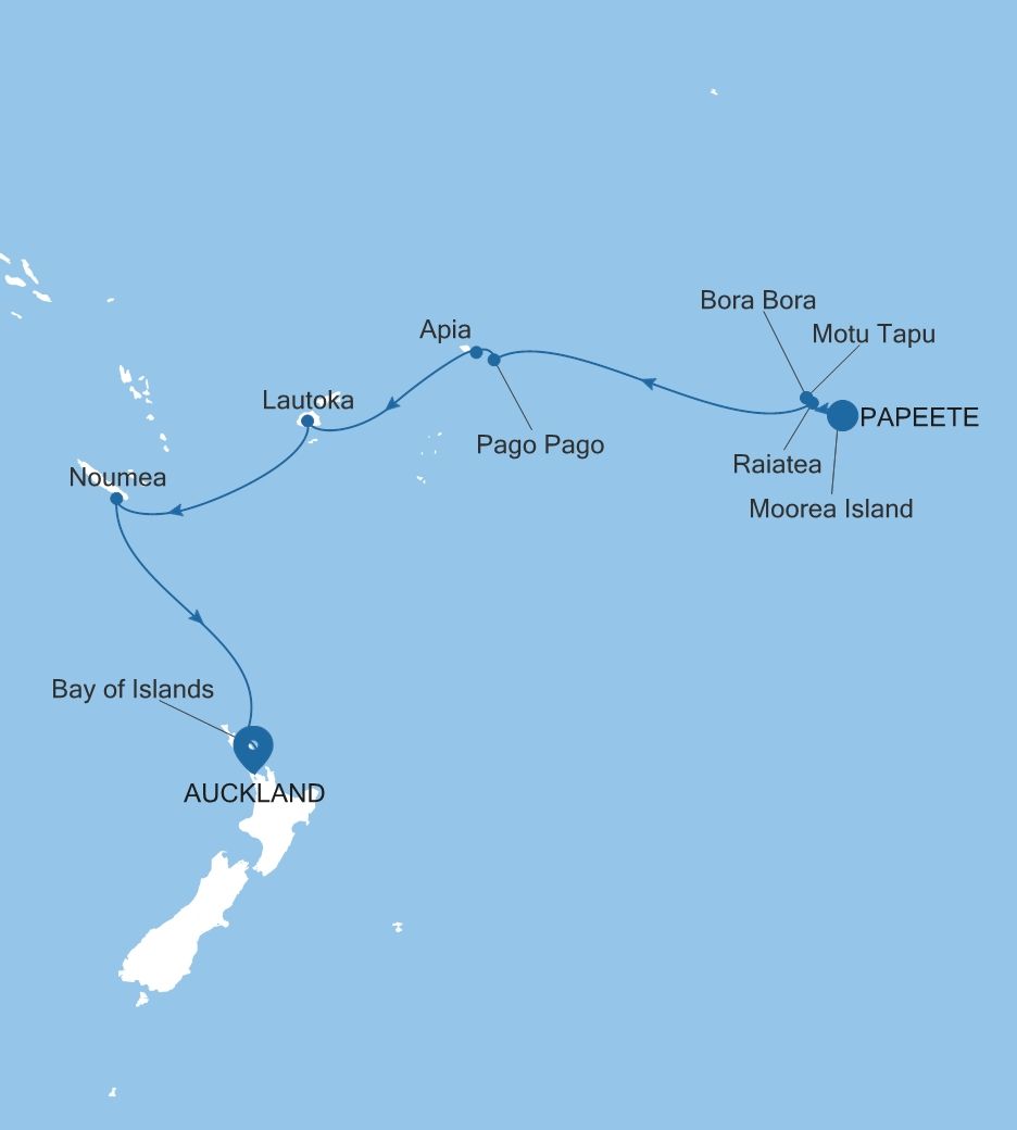 Carte de l’itinéraire Silver Whisper, Papeete (Tahiti) → Auckland