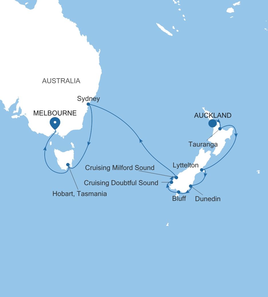 Carte de l’itinéraire Silver Whisper, Auckland → Melbourne