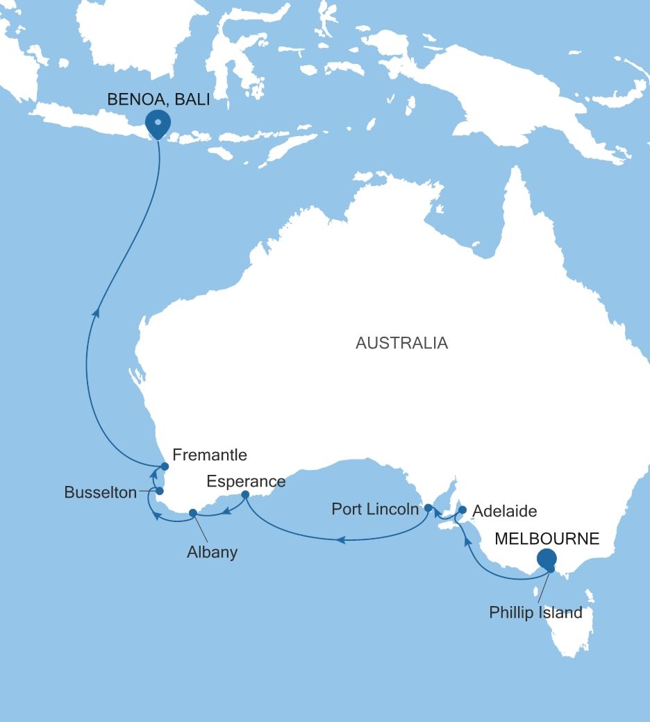 Carte de l’itinéraire Silver Whisper, Melbourne → Benoa, Bali