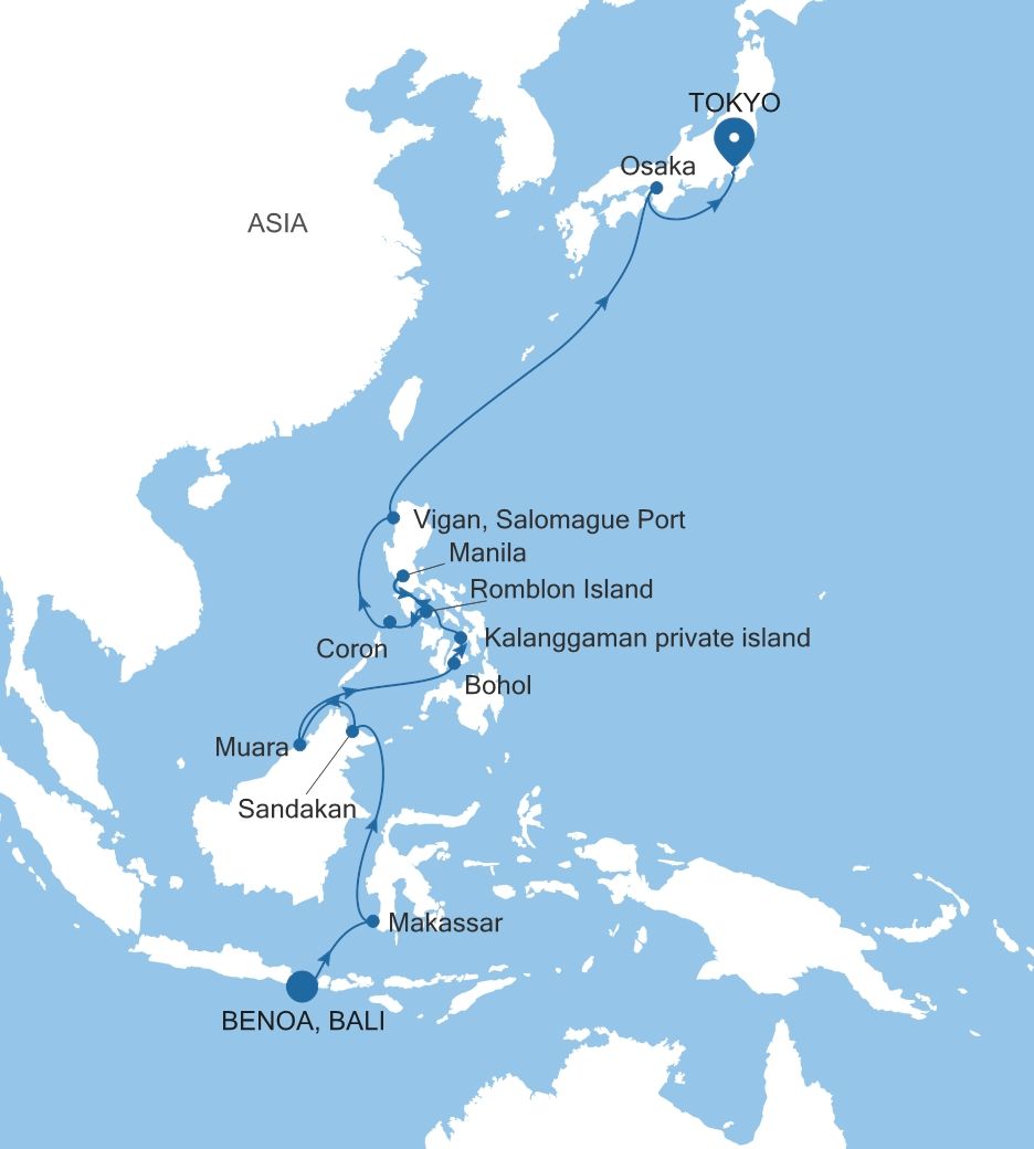 Carte de l’itinéraire Silver Whisper, Benoa, Bali → Tokyo