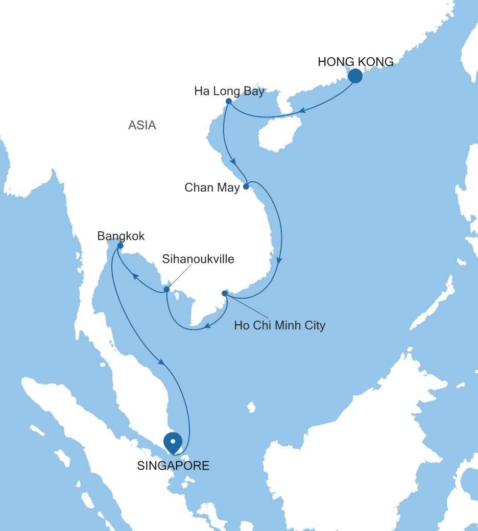 Carte de l’itinéraire Silver Whisper, Hong Kong → Singapour