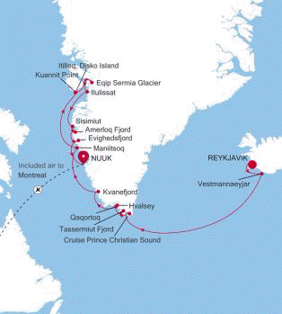 Carte de l’itinéraire Silver Wind, Reykjavík → Nuuk (Godthab)