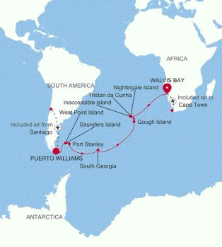 Carte de l’itinéraire Silver Wind, Puerto Williams, Chili → Walvis Bay, Namibie