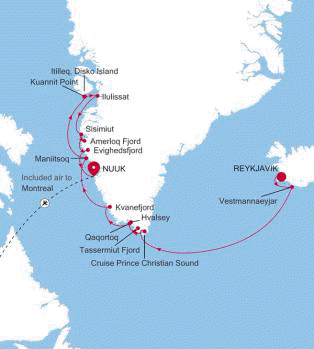 Carte de l’itinéraire Silver Wind, Reykjavík → Nuuk (Godthab)