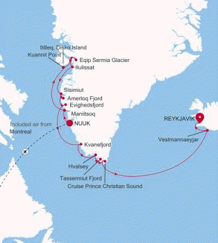 Carte de l’itinéraire Silver Wind, Nuuk (Godthab) → Reykjavík