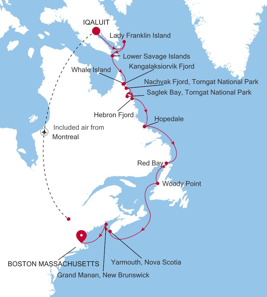 Carte de l’itinéraire Silver Wind, Iqaluit (Nunavut) → Boston Massachusetts