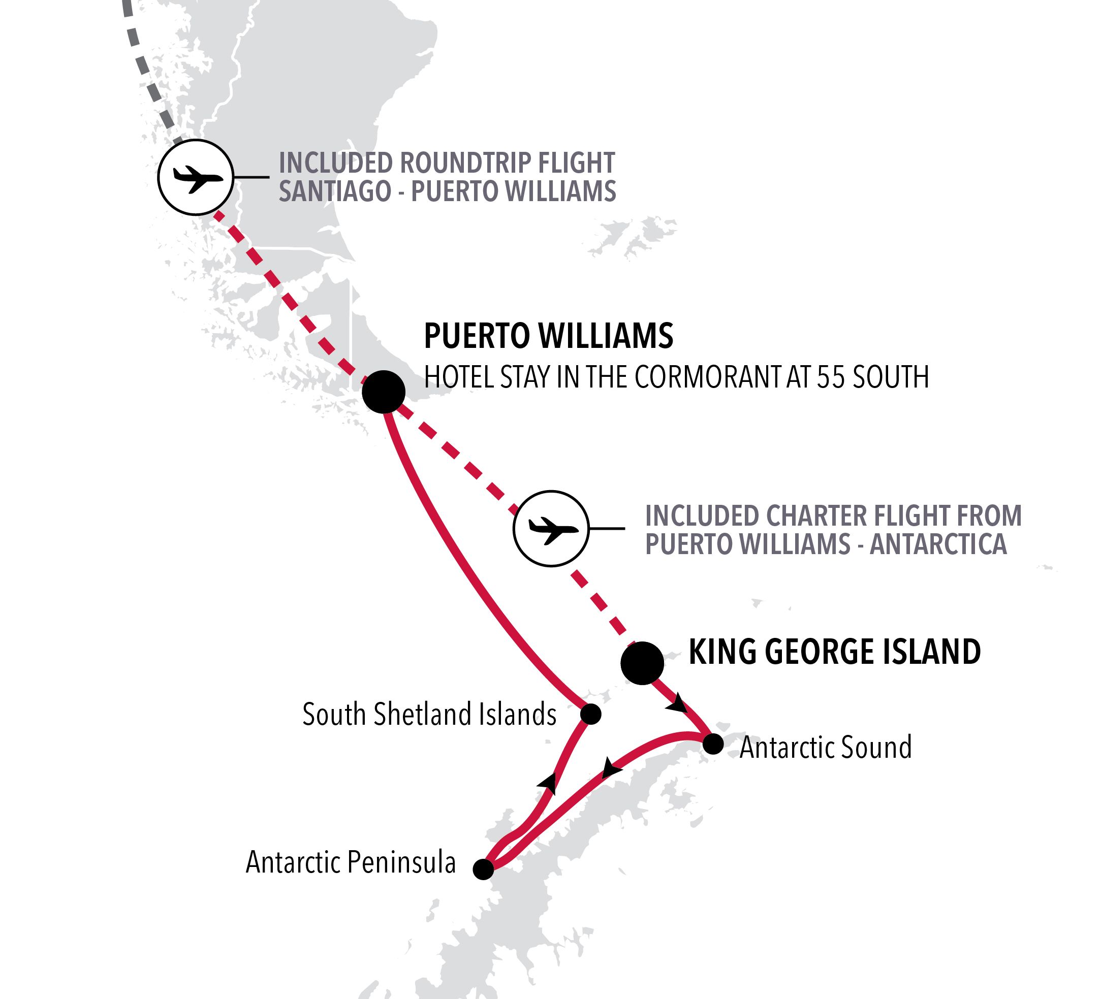 Carte de l’itinéraire Silver Wind, King George Island → Puerto Williams
