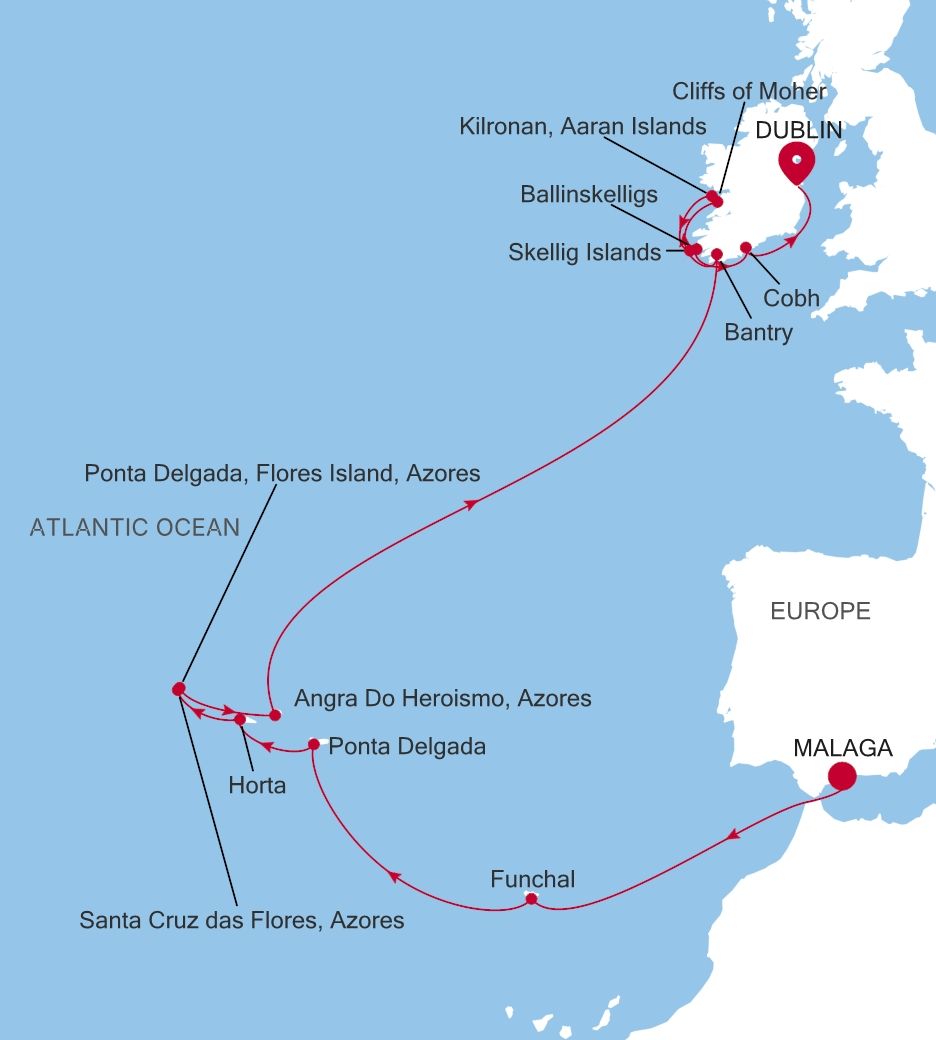 Carte de l’itinéraire Silver Wind, Malaga (Costa del Sol) → Dublin