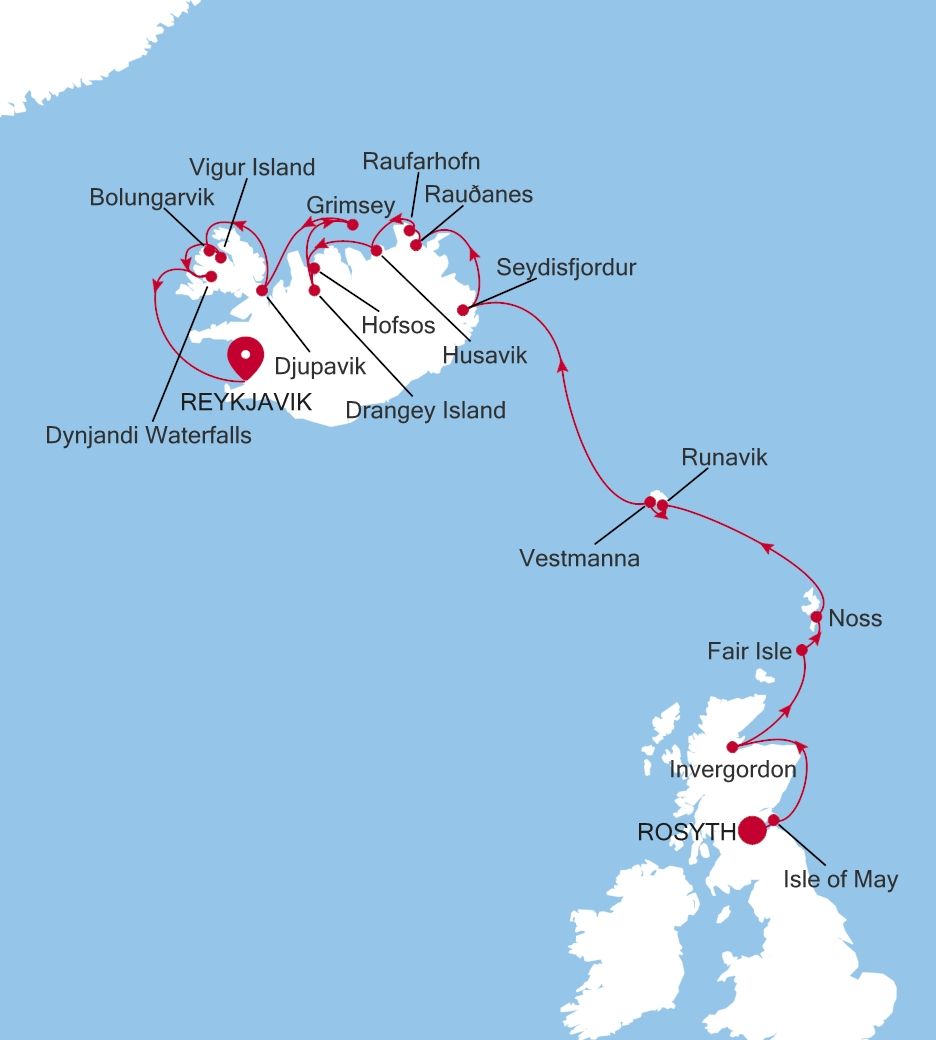 Carte de l’itinéraire Silver Wind, Rosyth (Edinburgh), Écosse → Reykjavík