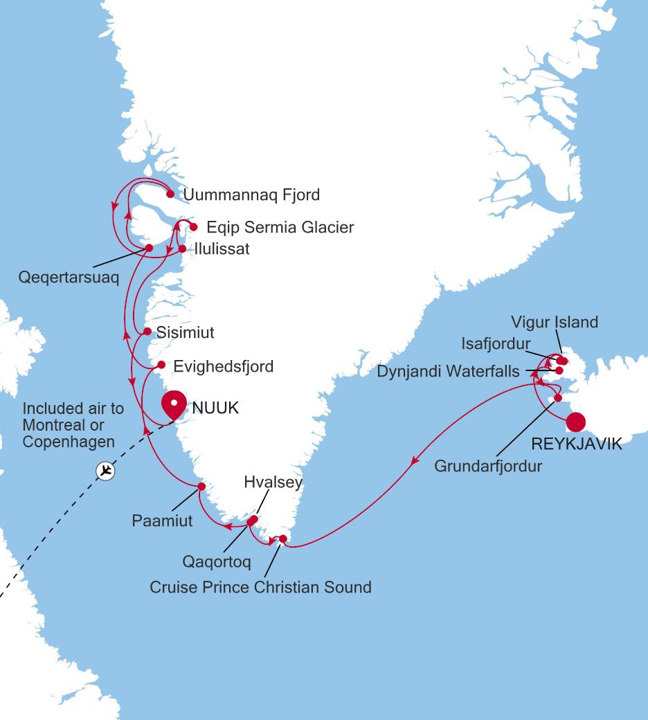 Carte de l’itinéraire Silver Wind, Reykjavík → Nuuk (Godthab)