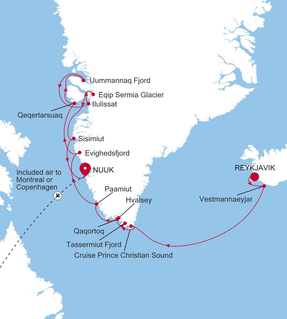 Carte de l’itinéraire Silver Wind, Reykjavík → Nuuk (Godthab)