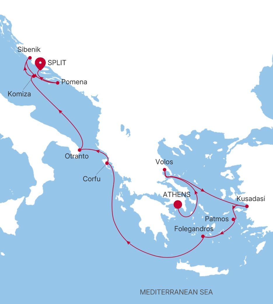 Carte de l’itinéraire Silver Wind, Athènes (Le Pirée) → Split
