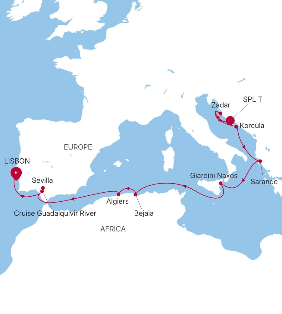 Carte de l’itinéraire Silver Wind, Split → Lisbonne