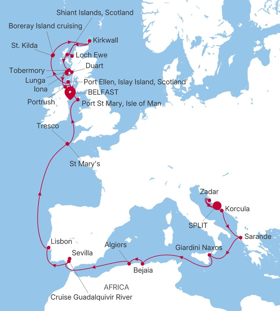 Carte de l’itinéraire Silver Wind, Split → Belfast
