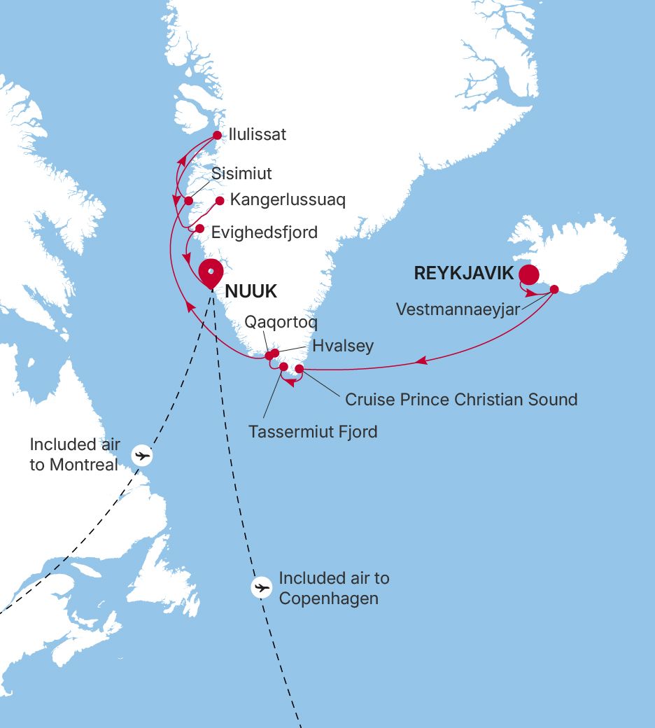 Carte de l’itinéraire Silver Wind, Reykjavík → Nuuk (Godthab)