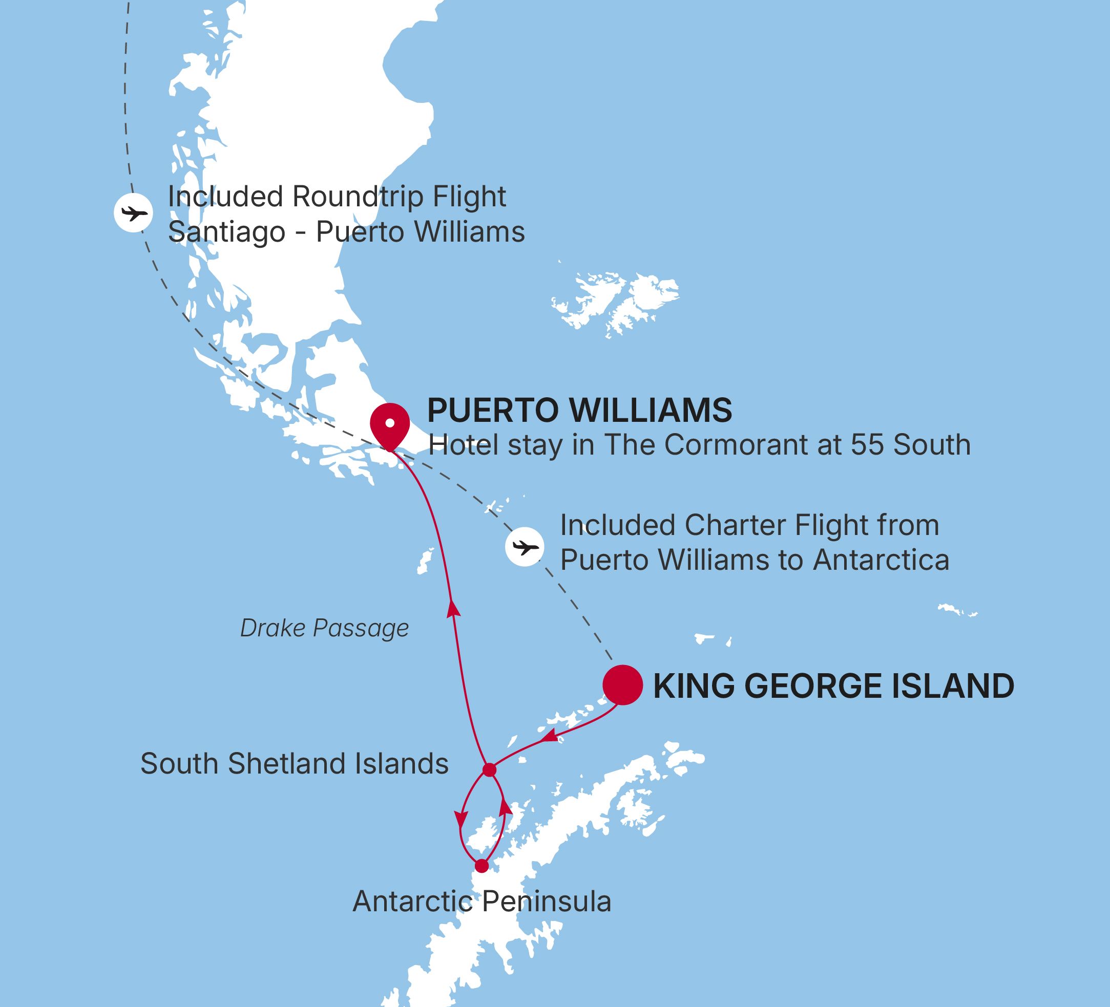 Carte de l’itinéraire Silver Wind, King George Island → Puerto Williams